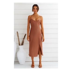 NWT sold out Hello Molly “Crashing Prom Midi Dress” in “Coffee”